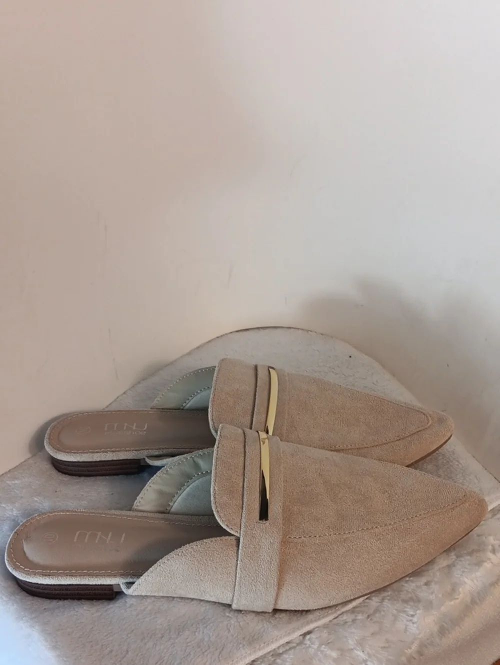 Pointed Beige Suede Mule Slides with Gold Bar Trim
